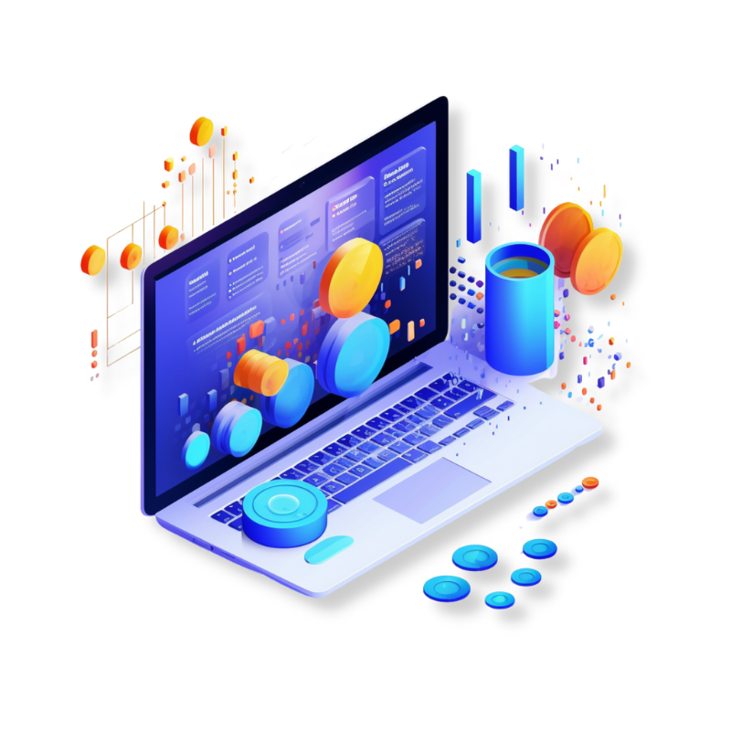 A laptop with floating 3D graphs and charts on its screen, with a coffee cup beside it, representing data analysis or technological workflow.