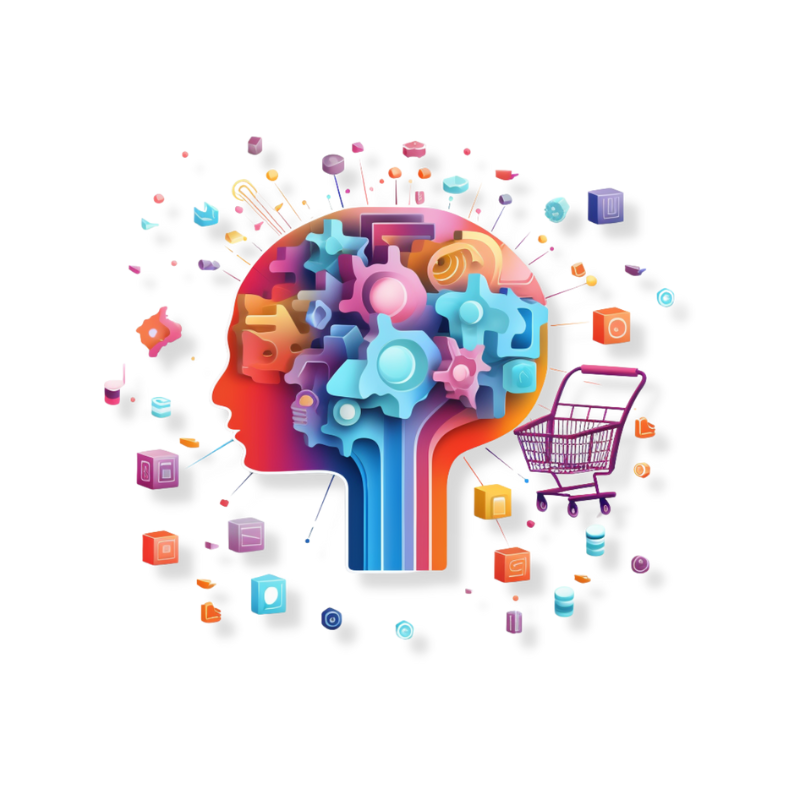 A colorful illustration of a human head filled with various gears and technology symbols, accompanied by floating icons of shopping carts, and tech devices, representing artificial intelligence and e-commerce.