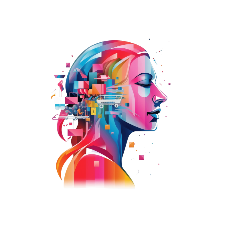 Abstract digital art depicting a profile of a person filled with various colorful geometric shapes and technological symbols, suggesting a blend of human and technological elements.