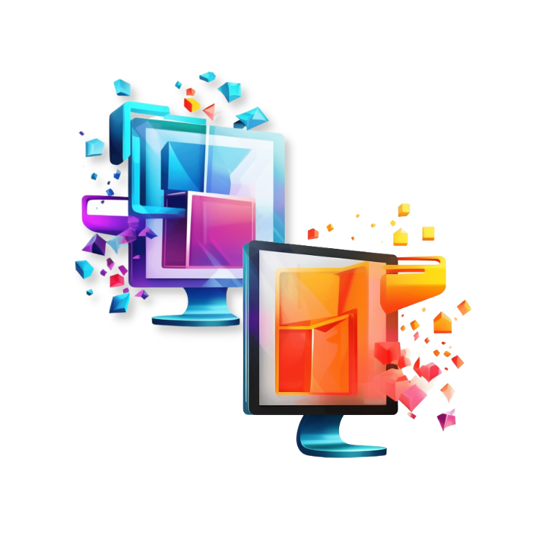 Two stylized computer monitors with colorful geometric shapes and fragments emerging from them. The left monitor features cool colors, while the right one has warm colors.