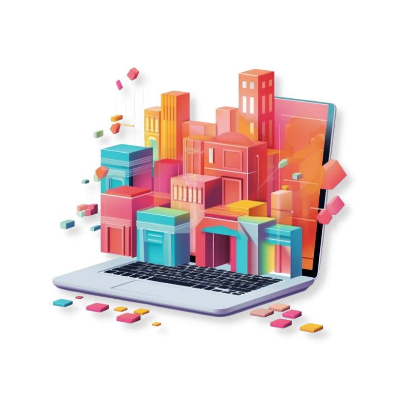 A laptop with colorful 3D models of buildings emerging from its screen, representing a digital cityscape.