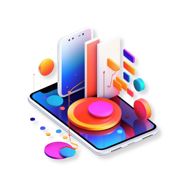 A smartphone with abstract, colorful 3D shapes and graphs emerging from the screen, representing data visualization and digital technology.