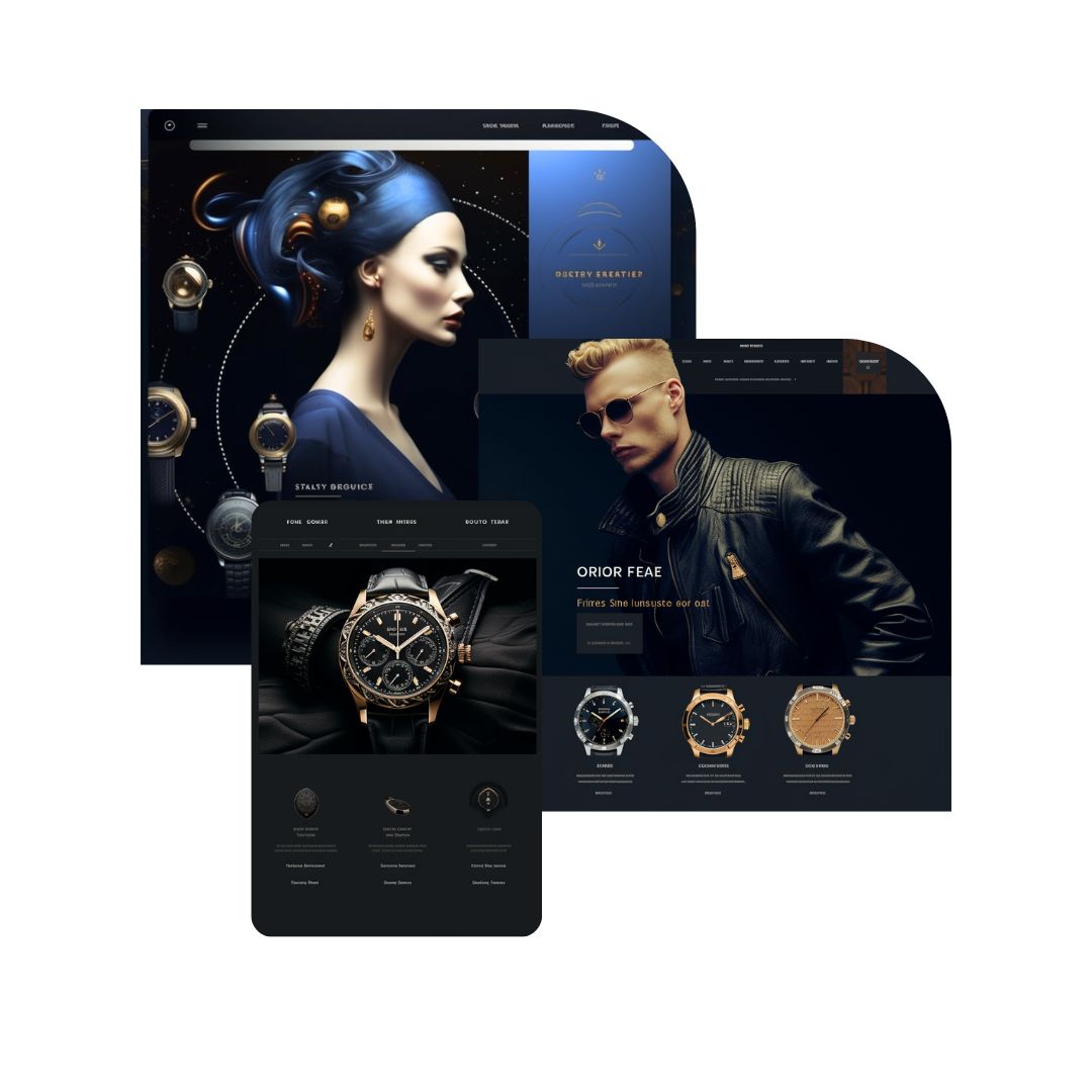 A composite image showing three smartwatch website designs featuring models and product close-ups. Each layout includes various watch styles, descriptions, and interactive elements.