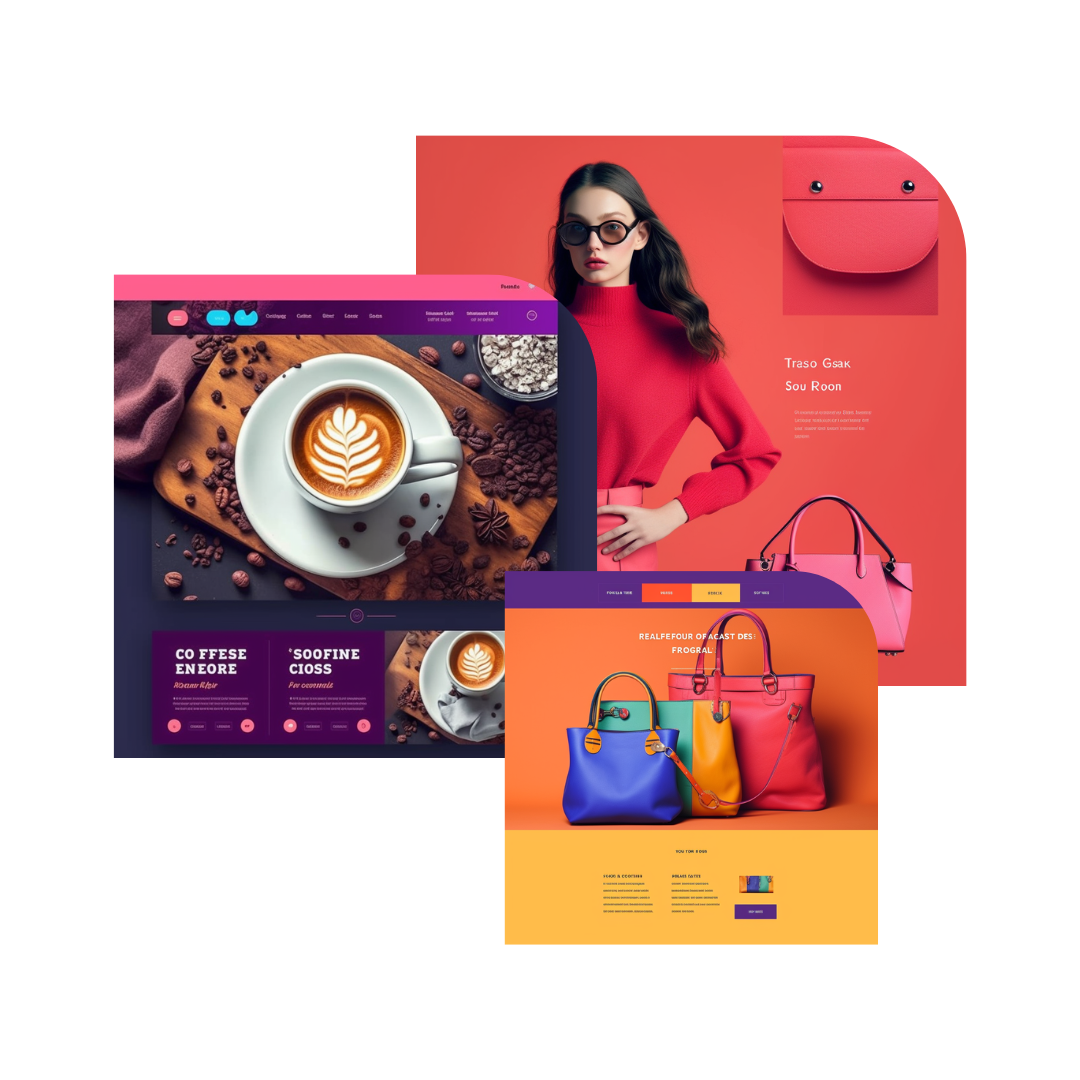 Three colorful webpage designs featuring a coffee cup, a woman in red clothes, and a set of handbags. Each page has a distinct vibrant color scheme and layout.