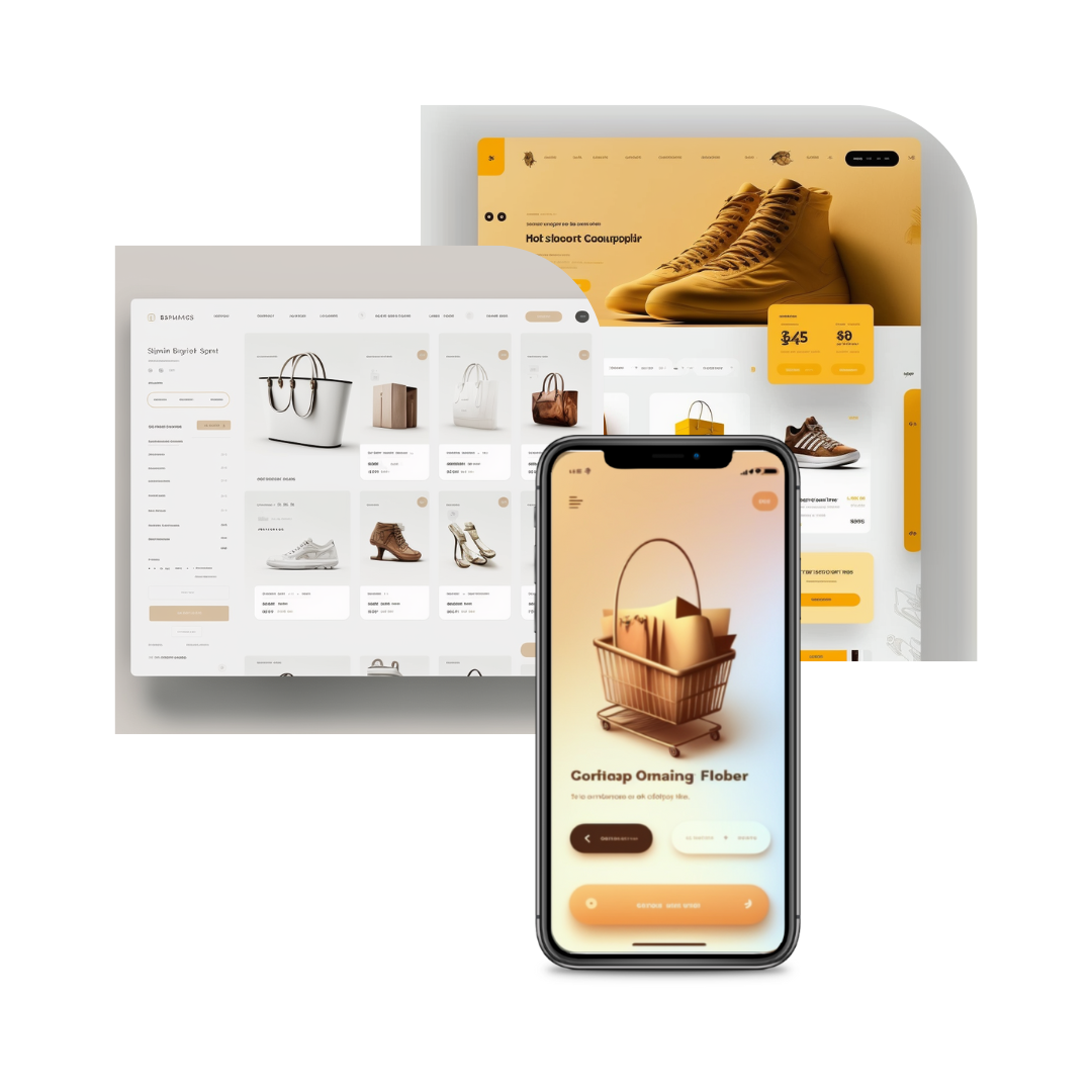 A mobile phone displaying an online shopping app interface is situated in front of two computer screens showcasing product listings for shoes and handbags, emphasizing an e-commerce platform design.