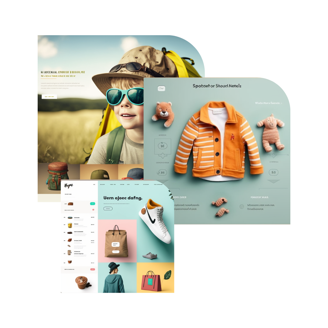 Three overlapping images feature different designs: a child in sunglasses and a hat, an orange striped children's sweater with toys, and a webpage showcasing various products including shoes, bags, and a hat.