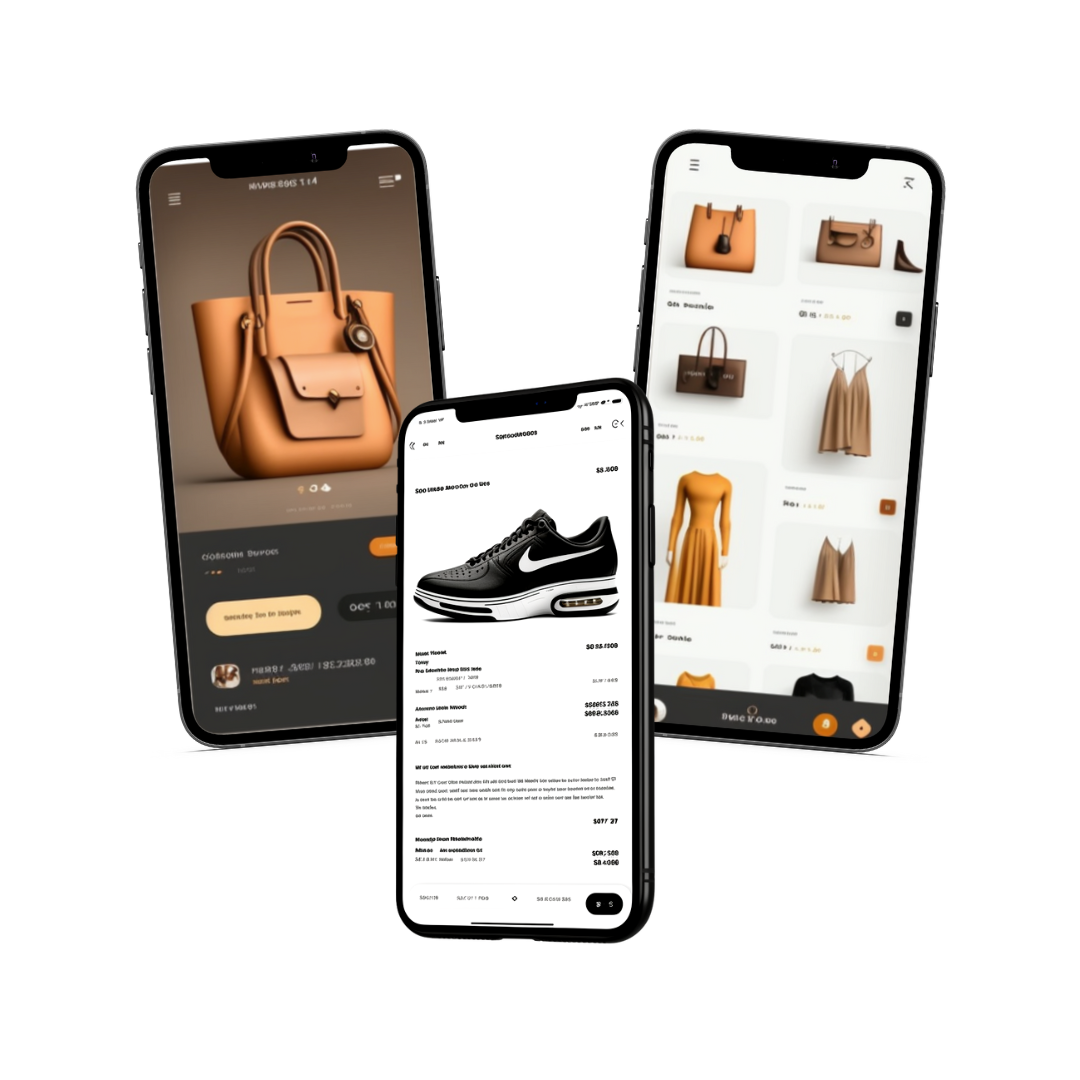 Three smartphones displaying different screens of a shopping app. The screens show a handbag, sneakers, and a variety of clothing items with prices and descriptions.