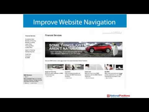 Slide showing a webpage with the title "Improve Website Navigation." The webpage includes a menu on the left and a main content area featuring various financial service offerings.