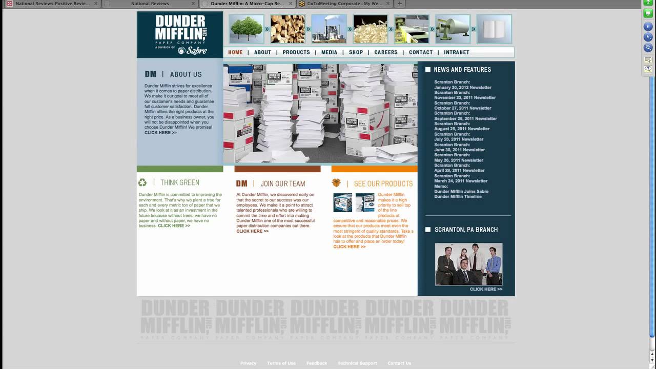 Screenshot of a website for Dunder Mifflin, Inc. with sections on About, Products, Media, Shop, Careers, and Contact. The main image shows stacks of paper boxes.