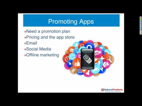 Slide titled "Promoting Apps" with bullet points: Need a promotion plan, Pricing and the app store, Email, Social Media, Offline marketing. Contains a graphic of app icons and a smartphone.