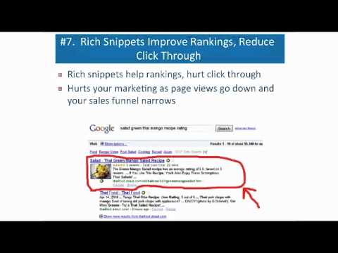 Slide showing the impact of rich snippets on search engine ranking and click-through rates. The slide includes a screenshot of a Google search result with rich snippets and annotated notes highlighting key points.
