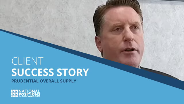 A man speaking, featured in a success story for Prudential Overall Supply, with a blue overlay text mentioning "Client Success Story" by National Positions.