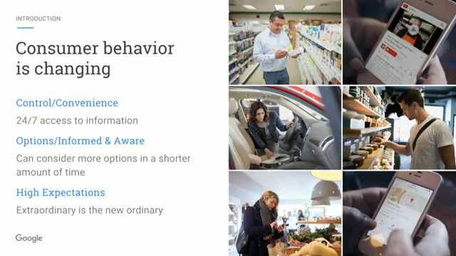 Slide showing text on shifting consumer behavior, highlighting control, convenience, options, awareness, and high expectations, accompanied by images of people shopping and using smartphones.