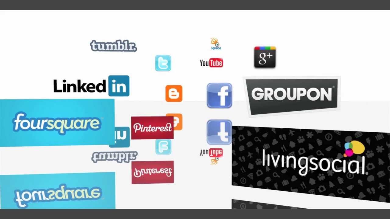 Logos of various social media and networking platforms, including LinkedIn, Tumblr, YouTube, Google+, Facebook, Groupon, Foursquare, Pinterest, and LivingSocial.