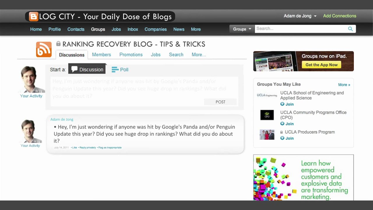 Screenshot of a blog forum titled "Ranking Recovery Blog - Tips & Tricks" showing discussion about Google's Panda and Penguin updates with user comments and a sidebar of related groups and job listings.