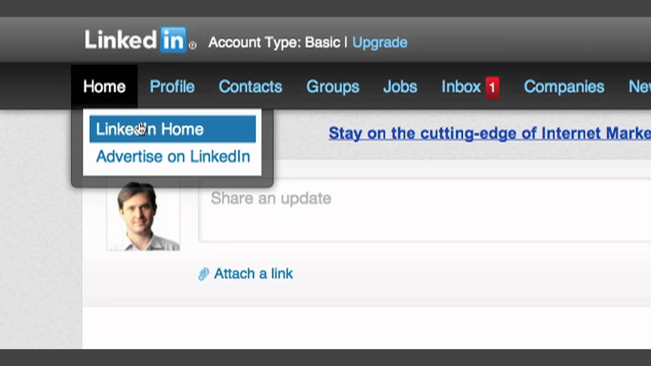 Screenshot of a LinkedIn interface showing the home menu with options for LinkedIn Home and Advertise on LinkedIn. The inbox has one unread message. A user photo and option to share an update are visible.
