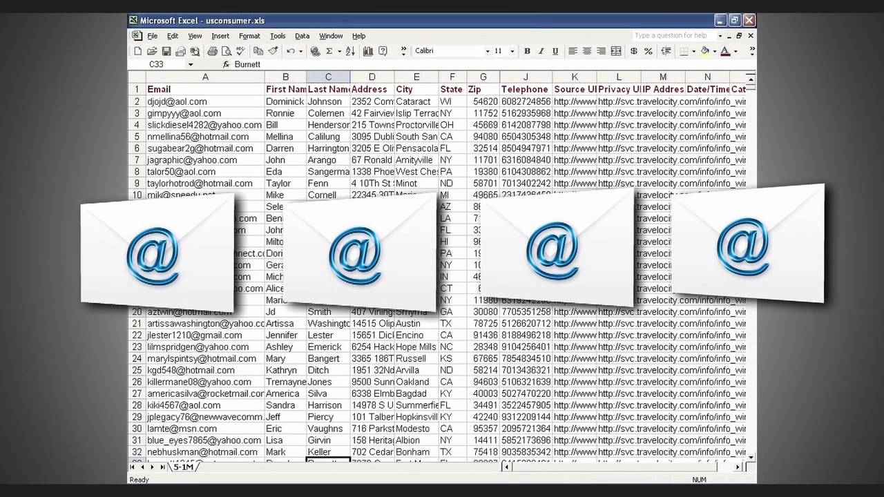 An open Excel spreadsheet contains rows of customer information, including emails, names, addresses, and phone numbers. Overlaid are four email icons, symbolizing email communication.