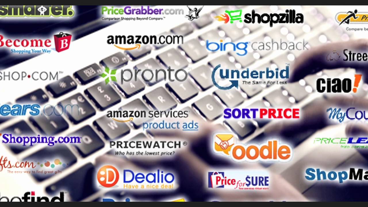 A photo of a computer keyboard with various online shopping and price comparison service logos overlaid, including Amazon, Shopzilla, and Pricegrabber.
