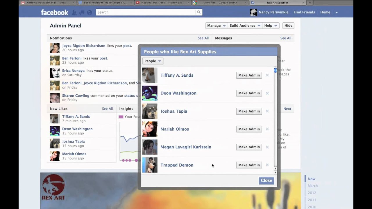 A screenshot of a Facebook Admin Panel for the page "Rex Art Supplies" showing interactions, messages, and an open dialog box with a list of people who like the page, with options to make them admins.