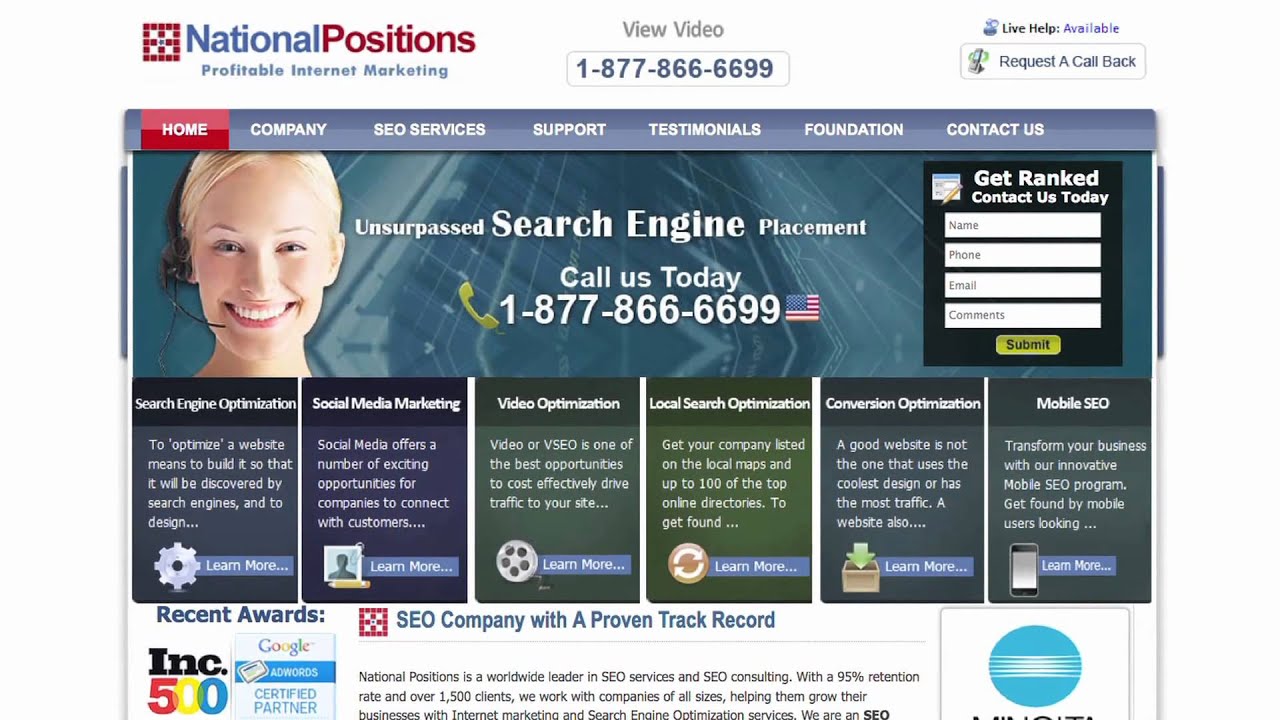 A website for National Positions, an internet marketing company, showcasing their services like SEO, social media marketing, and video optimization. Includes a phone number, awards, and service buttons.