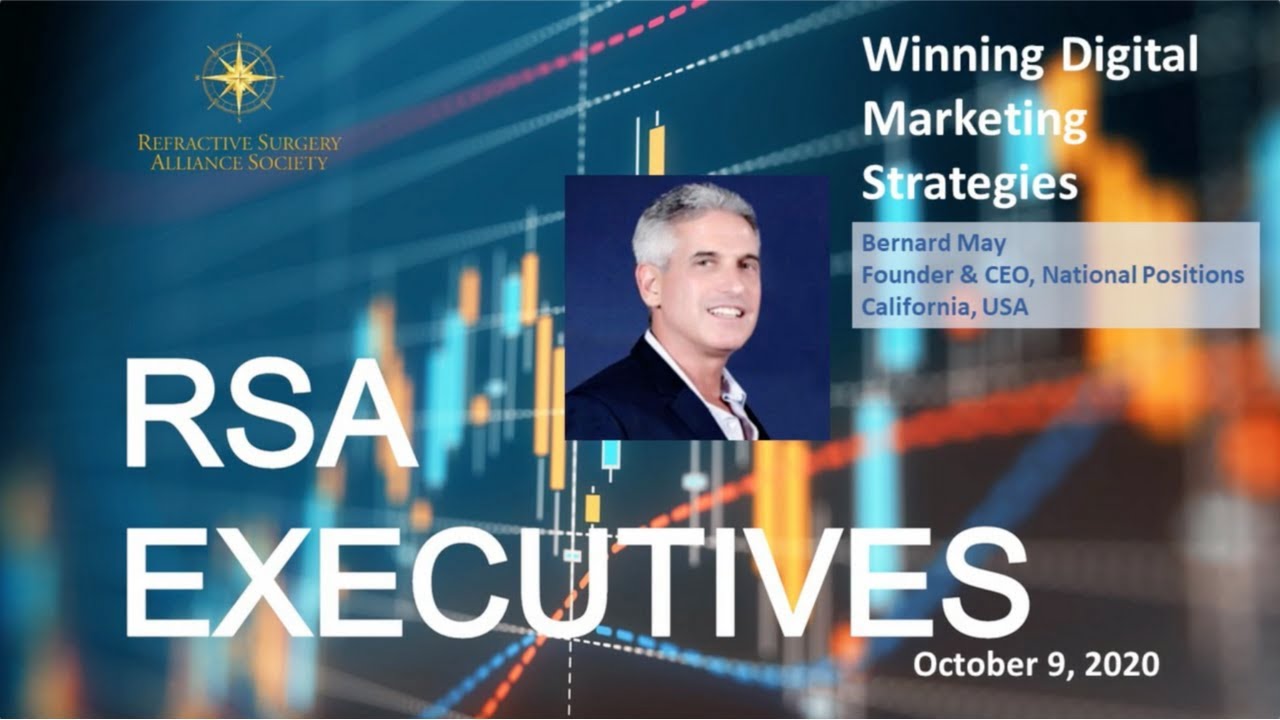 Event slide showing Bernard May as a speaker for the RSA Executives event on October 9, 2020, discussing "Winning Digital Marketing Strategies." Background includes digital charts.