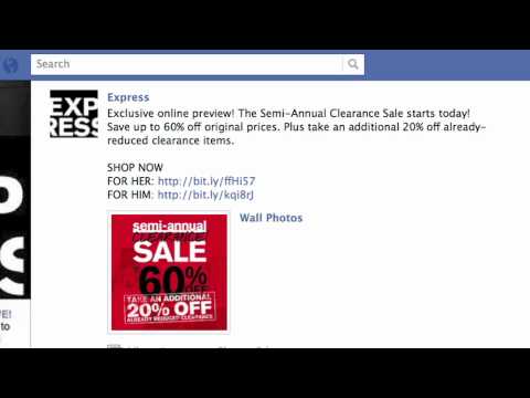 Screenshot of a Facebook post from Express advertising a Semi-Annual Clearance Sale with up to 60% off and an additional 20% off clearance items. Links provided for male and female shopping.