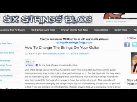 A screenshot of a blog page titled "How To Change The Strings On Your Guitar" from Six Strings Blog. The page includes links to various guitar-related topics and social media sharing buttons.