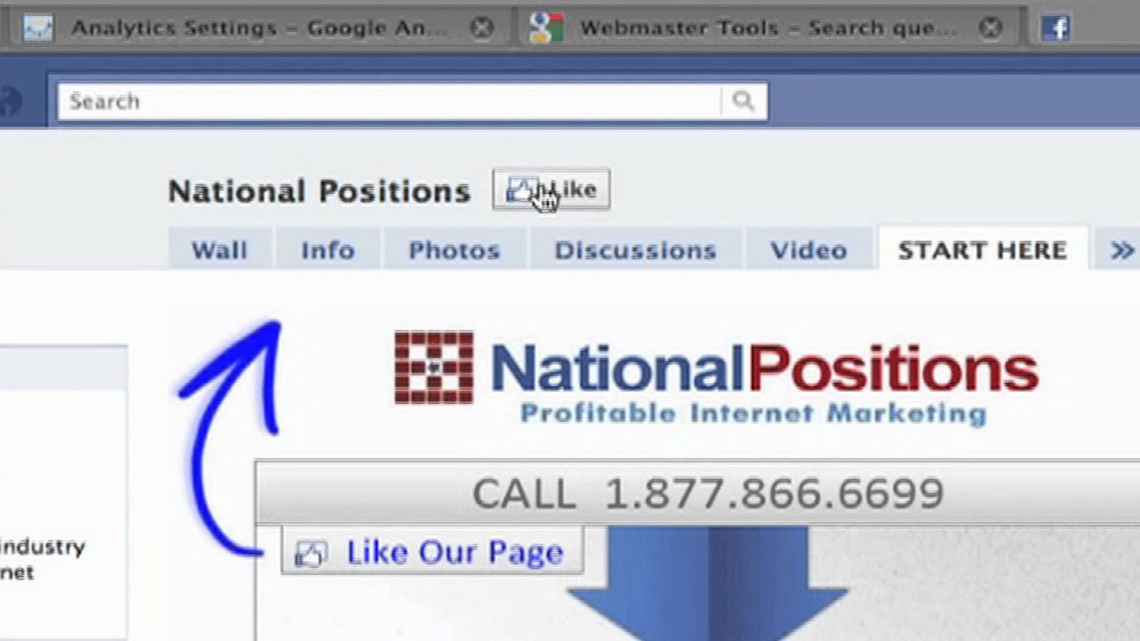 A webpage featuring the header "National Positions" with a like button, navigation tabs, and a call for action with a phone number: 1-877-866-6699.