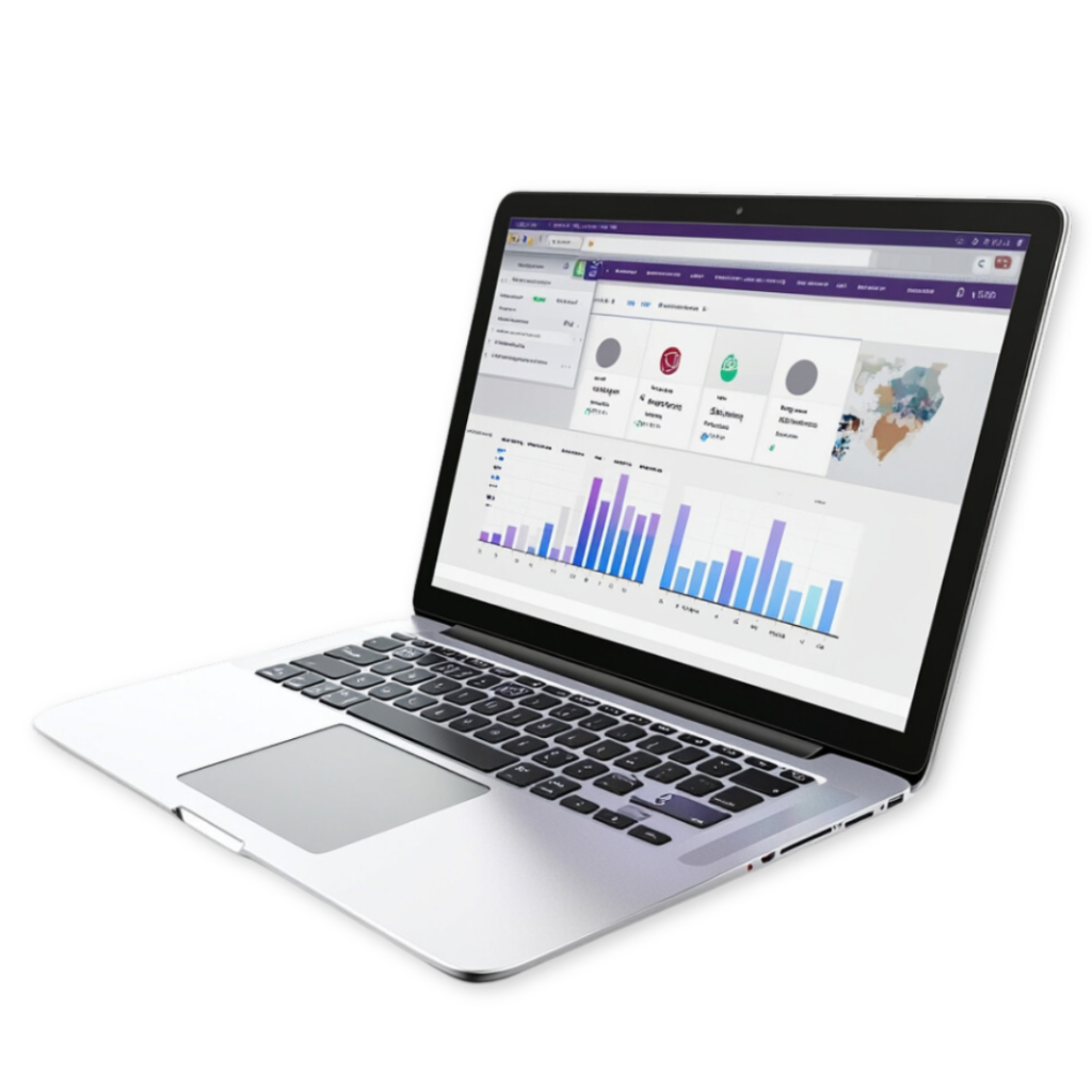 A laptop displaying a data analytics dashboard on its screen, featuring various charts and graphs, set against a black background, showcases the precision an award-winning agency can achieve with Google Ads.