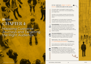 People walking in a yellow-tinted space with text discussing Chapter 4 on mapping customer journeys, accessing the right audience, and unveiling data secrets. eBook strategies for 2025 are highlighted on the right.