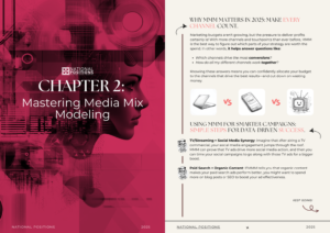 Double-page spread with a "Chapter 2: Mastering Media Mix Modeling" title and a section on why MMM is important in 2025. Steps for smarter campaigns are listed on the right page.