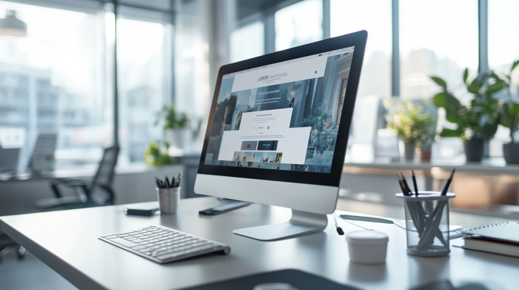 A modern office features a large computer on a desk displaying a marketing agency's website. The desk has essentials like a keyboard, mouse, pens, and a notepad. Large windows and plants add to the ambiance, ideal for strategizing Pay-Per-Click campaigns.