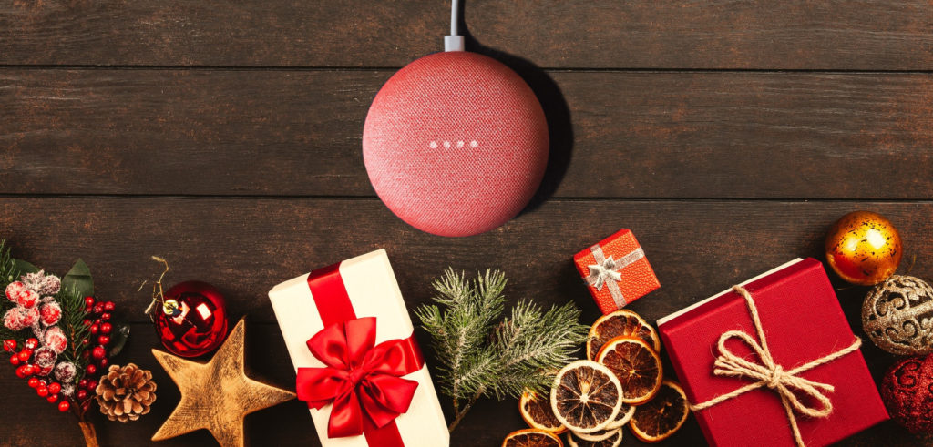 red google home with holiday decorations