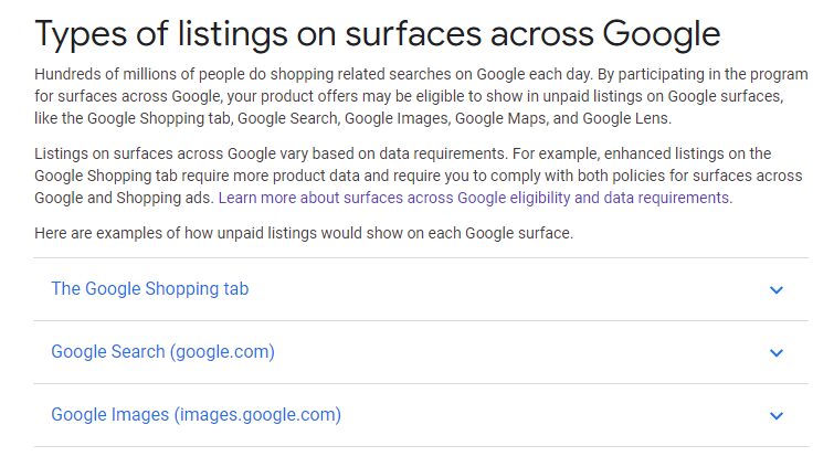 types of listings across all surfaces on google
