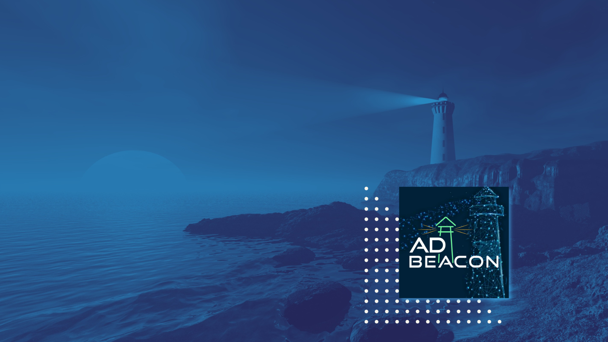 Ad Beacon logo displayed over a nighttime coastal lighthouse scene with blue water and rocky shoreline.