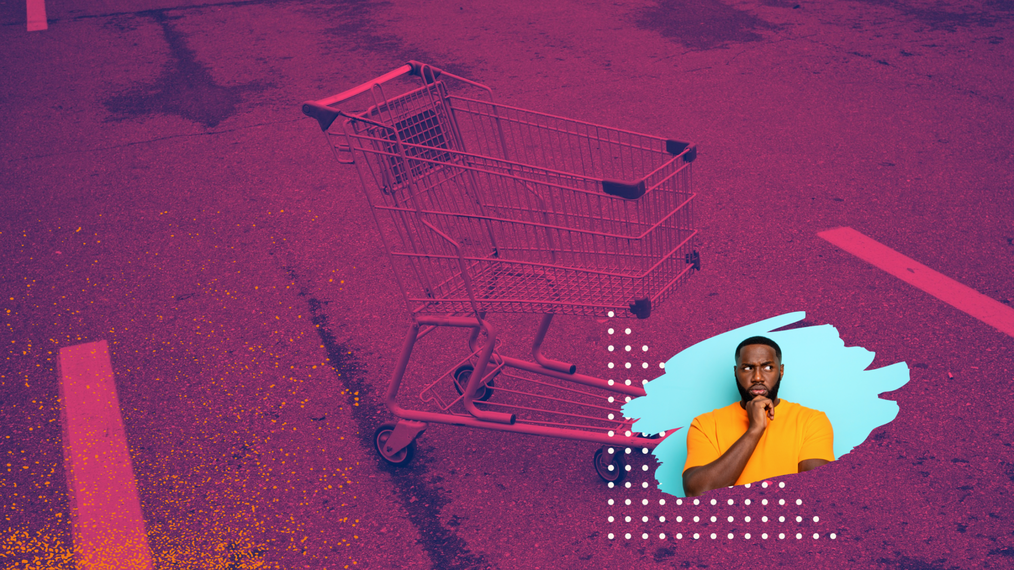 Man in yellow shirt contemplating a shopping cart on a vibrant magenta background with golden particles and geometric design elements.
