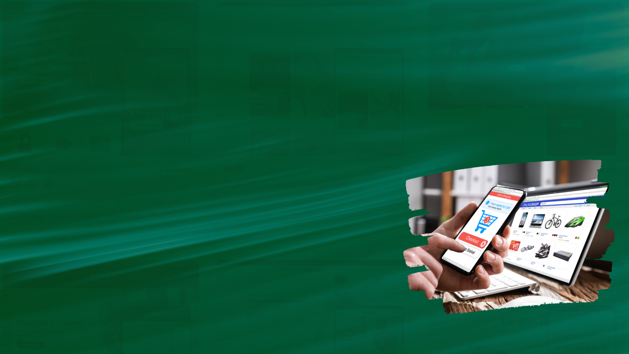 A person holds a smartphone displaying an e-commerce interface while a tablet and laptop in the background show product catalog pages and shopping platforms.