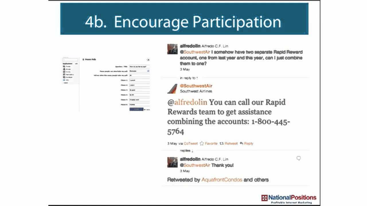 Slide titled "4b. Encourage Participation" featuring a Twitter conversation where a user requests help combining accounts and receives a response with contact information. National Positions logo at the bottom.