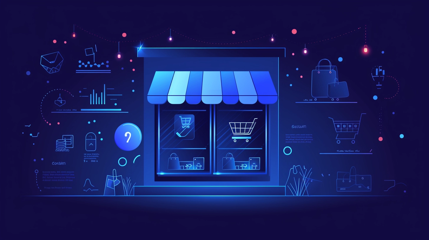 Digital storefront illustration displaying e-commerce shop windows with shopping carts and retail analytics surrounded by connected technology icons and data visualization elements on a neon blue background.