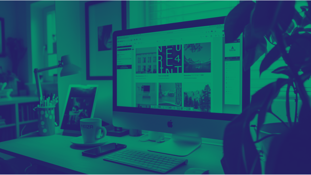 A designer works at a desk with a wireless keyboard and mouse while viewing a website layout on a large monitor, with a coffee mug and smartphone nearby.