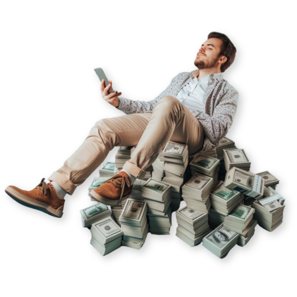 A man sits on a large pile of money Facebook ROI - National Positions