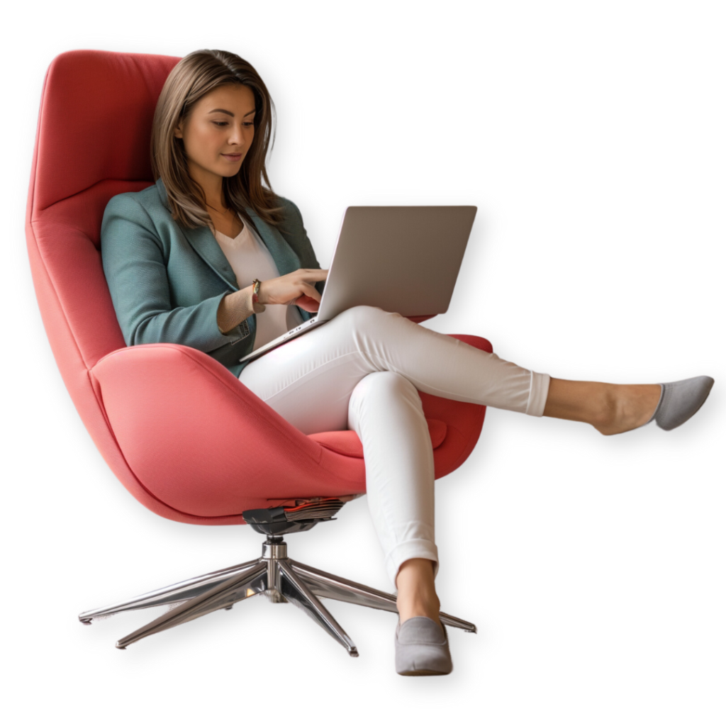 A person sits in a modern red chair, working on a laptop, facebook meta implementation and monitoring - national positions