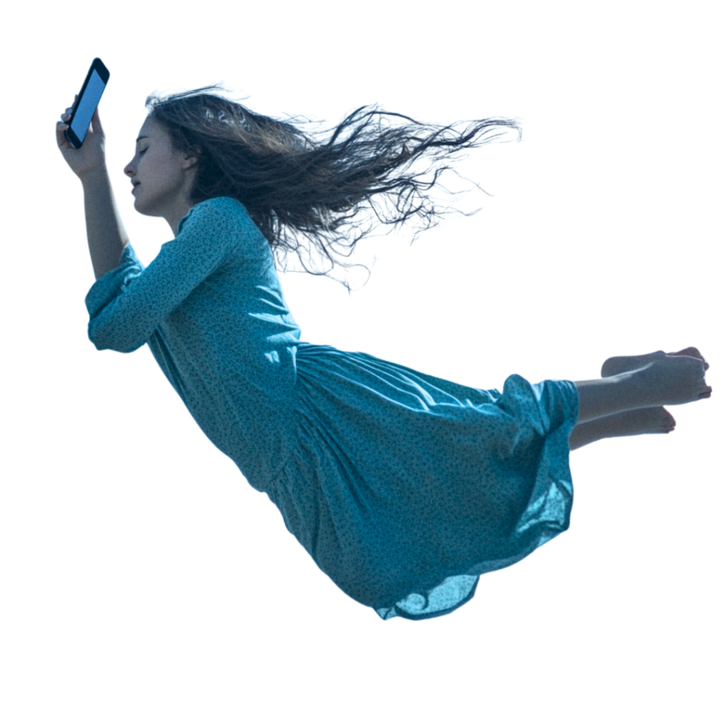 A girl in a blue dress appears to be flying while holding a smartphone in her hand, effortlessly capturing the essence of Facebook marketing.