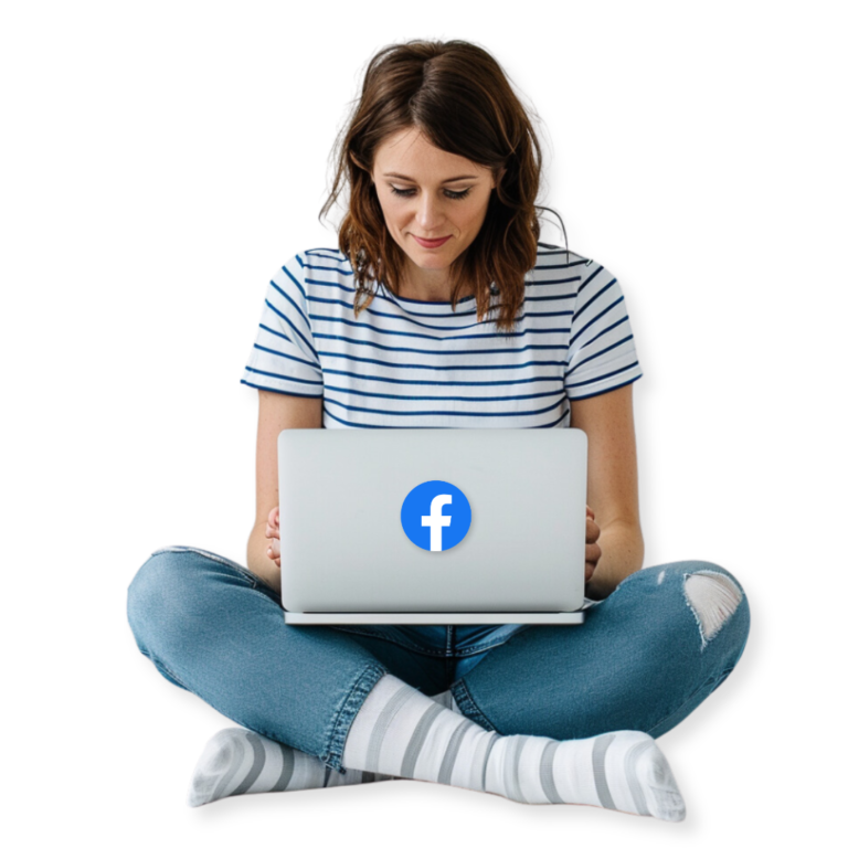 A woman in a striped shirt and jeans sits cross-legged, using a laptop with a Facebook logo on it, likely working on marketing strategies for her agency.