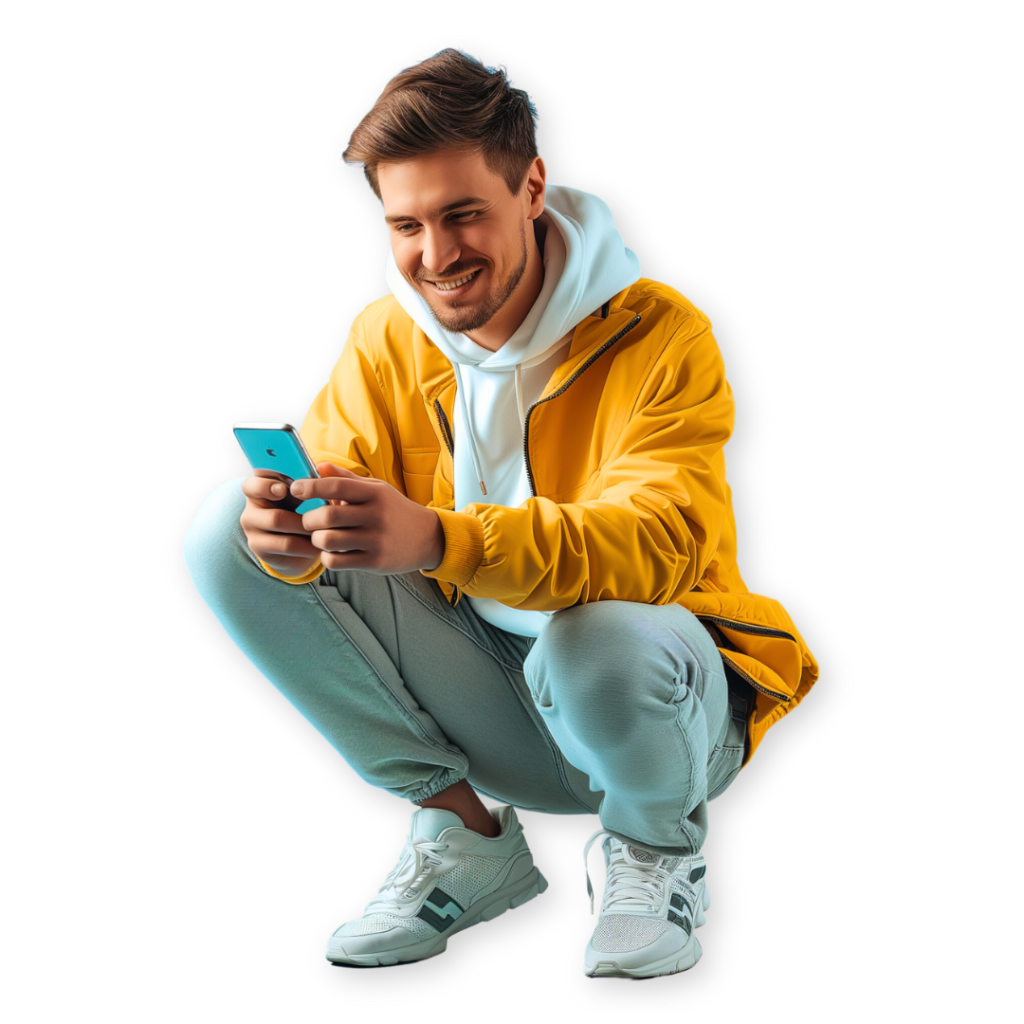 A man wearing a yellow jacket and white sneakers, crouches while looking at his smartphone and smiling, probably checking the latest updates from his marketing agency on Facebook.