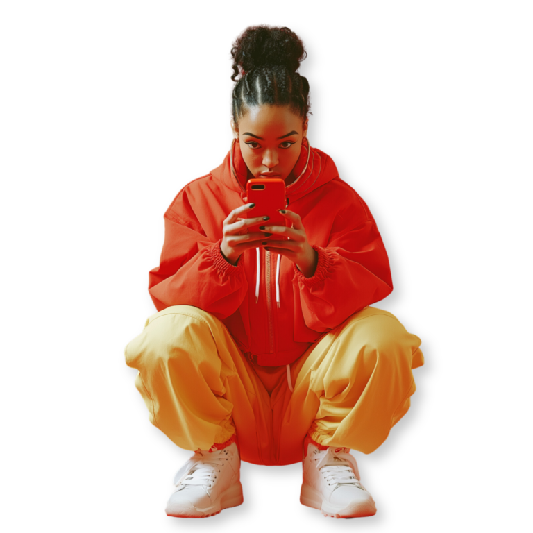 Person in a red hoodie and yellow pants, crouched while engrossed in their phone, likely checking out the latest TikTok trends or marketing tips from their favorite agency.