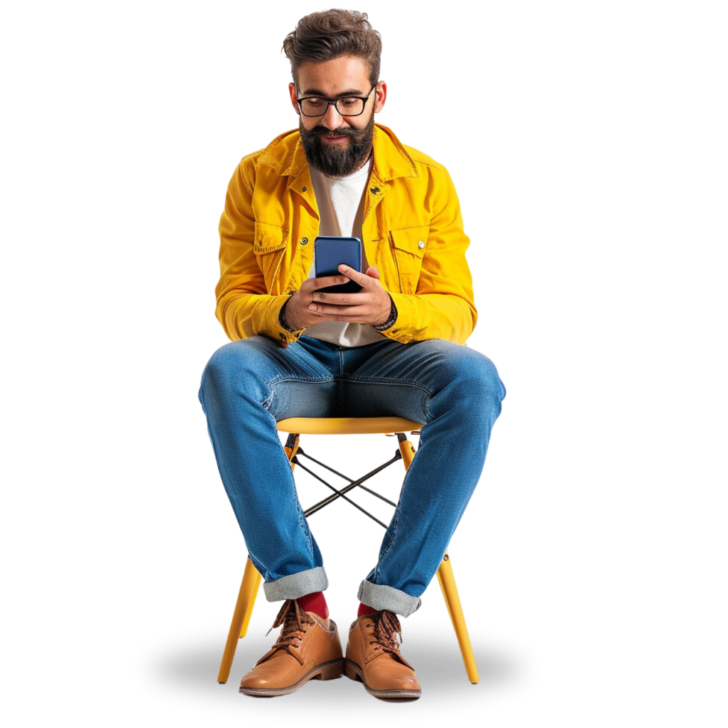 A man with glasses and a beard is seated on a yellow chair, wearing a yellow jacket, blue jeans, and brown shoes, looking at his smartphone. He seems engrossed in creating TikTok content for his marketing agency.