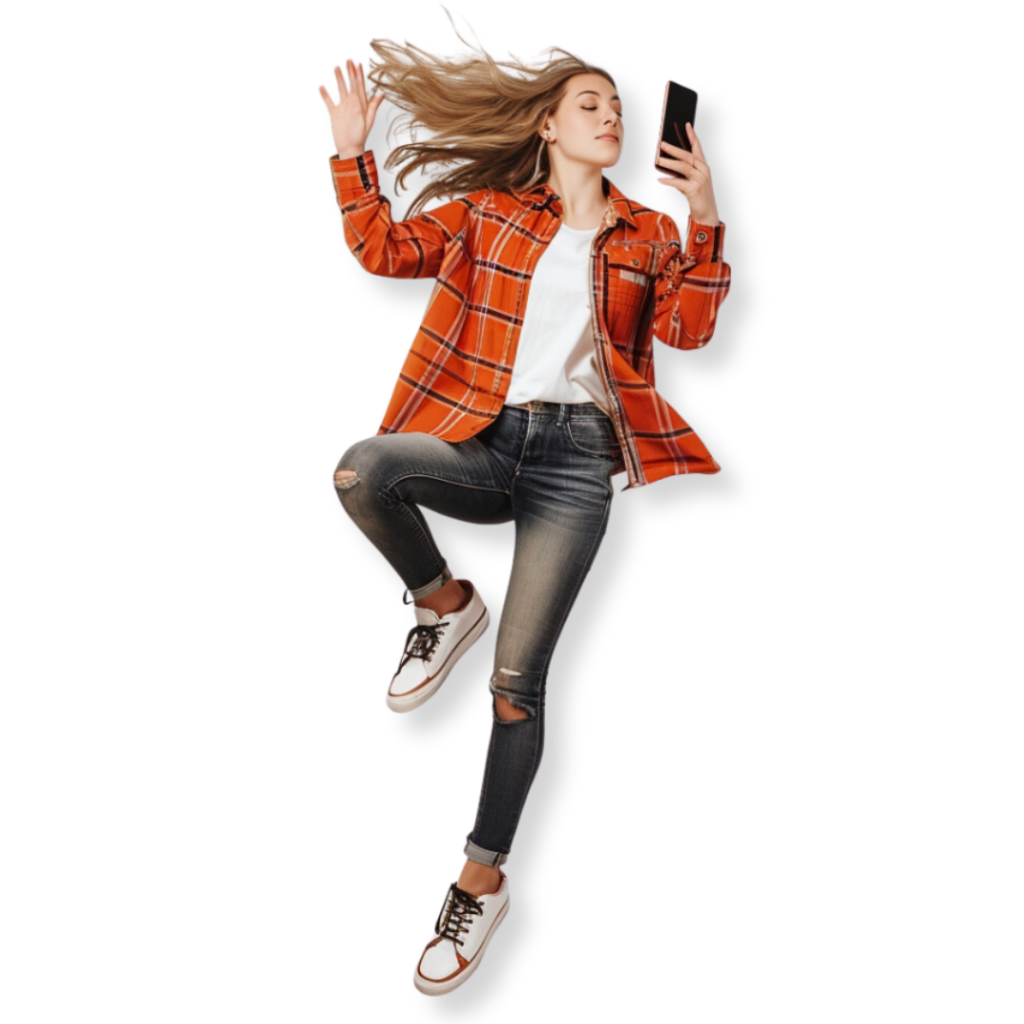 A person with long hair wearing a red plaid shirt, white t-shirt, ripped jeans, and sneakers is holding a phone in a fun, dynamic pose, perfect for an Instagram post promoting a marketing agency.