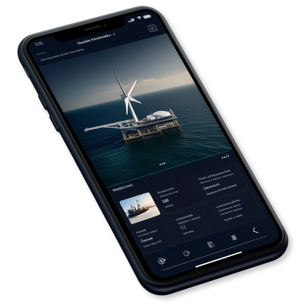 A smartphone displaying a sleek app interface for a sustainability project, featuring a wind turbine on an ocean platform, seamlessly integrates an intuitive layout.