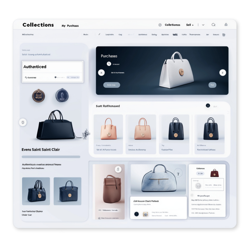 A webpage featuring a variety of handbags from different collections by an award-winning agency, including purchase options, authentication details, and user navigation elements.